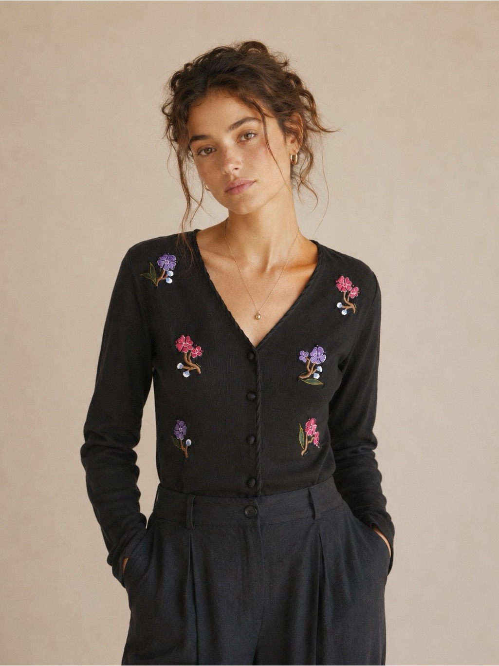 Vtg Y2k Carole Little Black Ribbed Floral Embroidery Sweater Cardigan Small